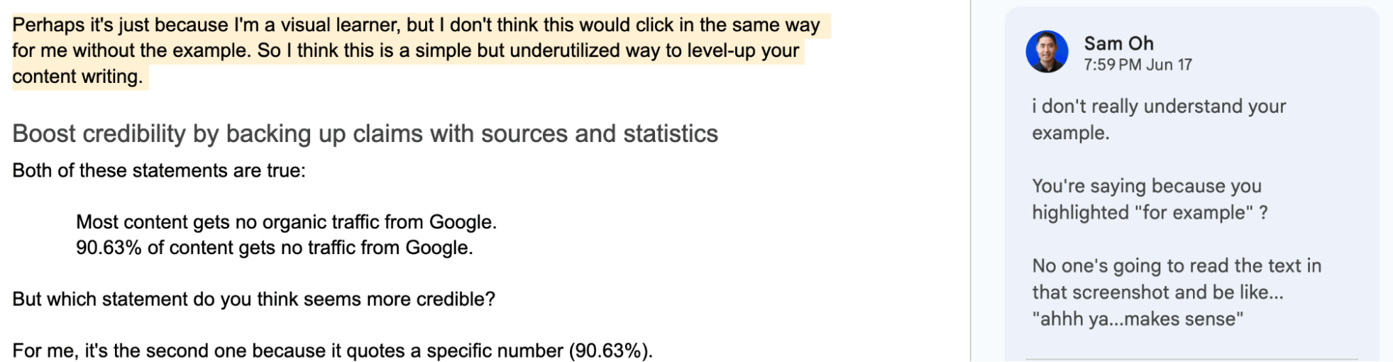 Example feedback on our content writing process
