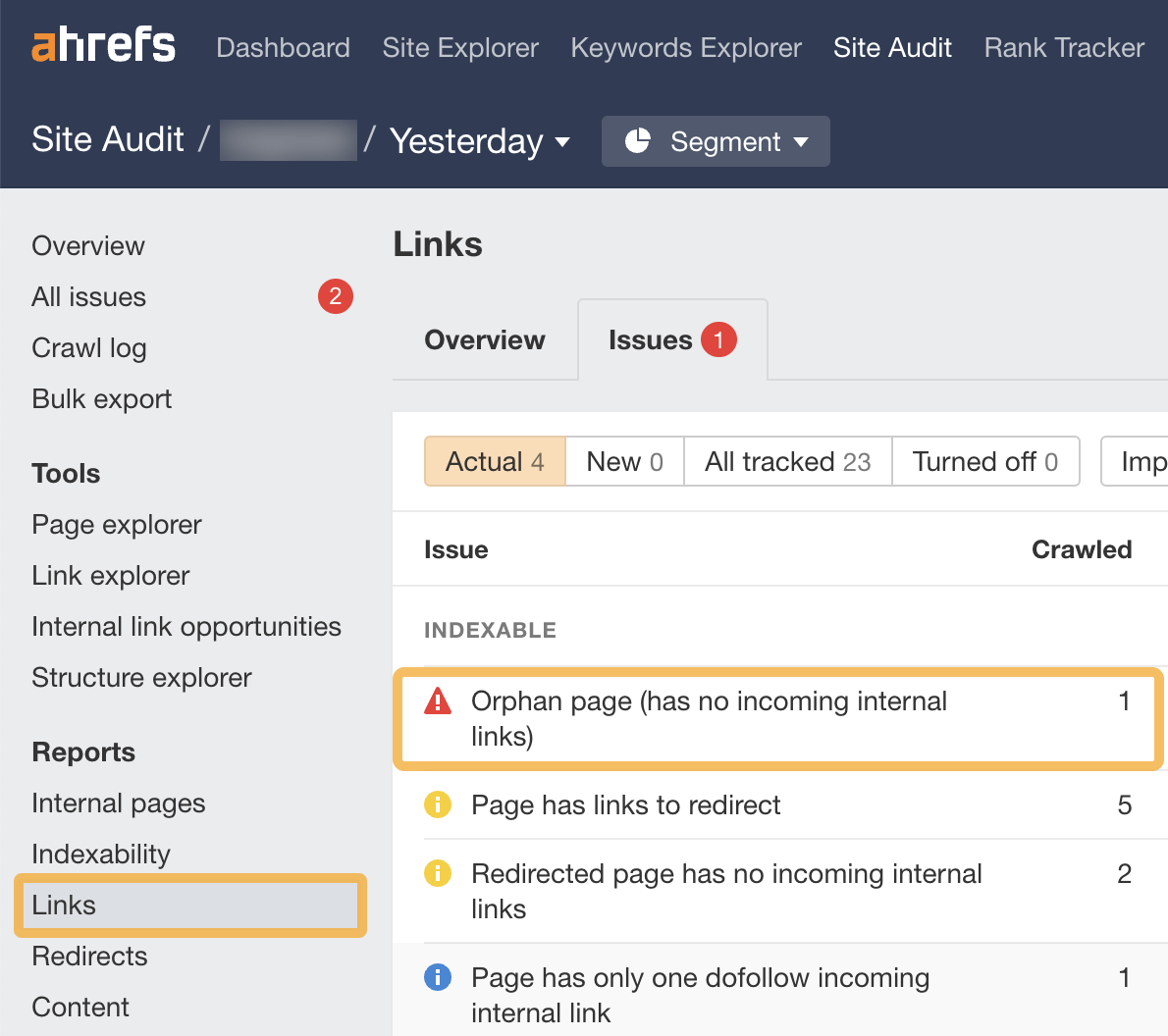 Locating orphan pages that have no incoming internal links, via Ahrefs' Site Audit