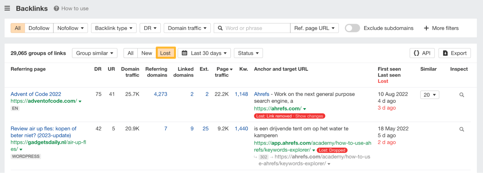 Lost backlinks in Backlinks report, via Ahrefs' Site Explorer
