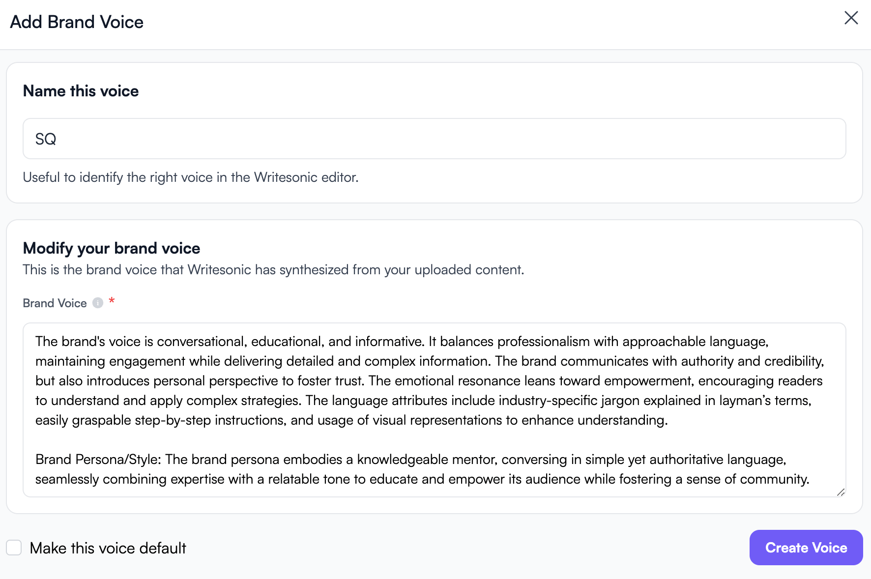 Writesonic 分析 SQ 的品牌声音