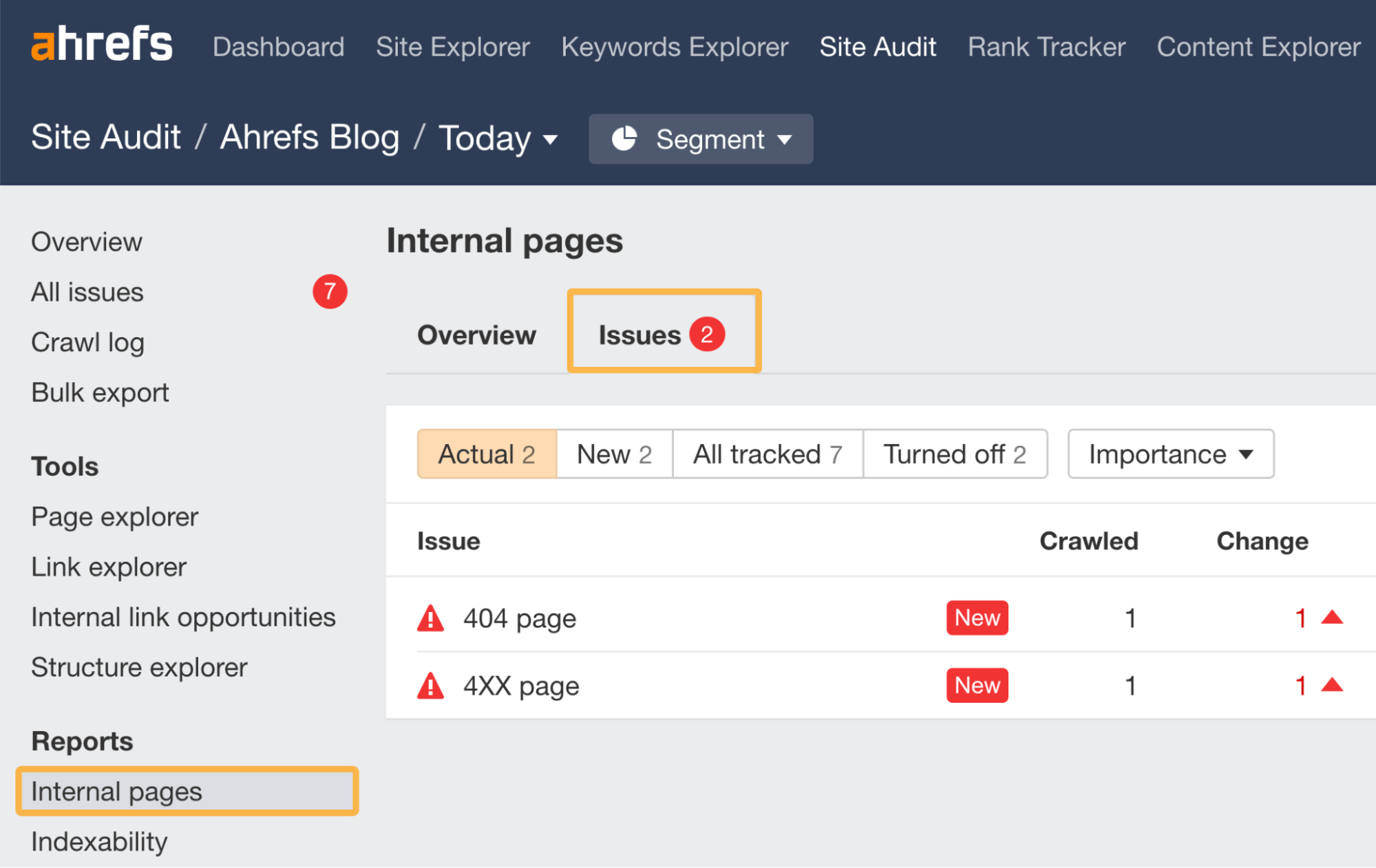 4XX issues in Internal pages report, via Ahrefs' Site Audit
