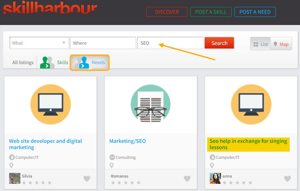Giving SEO help in exchange for singing lessons on Skill Harbour