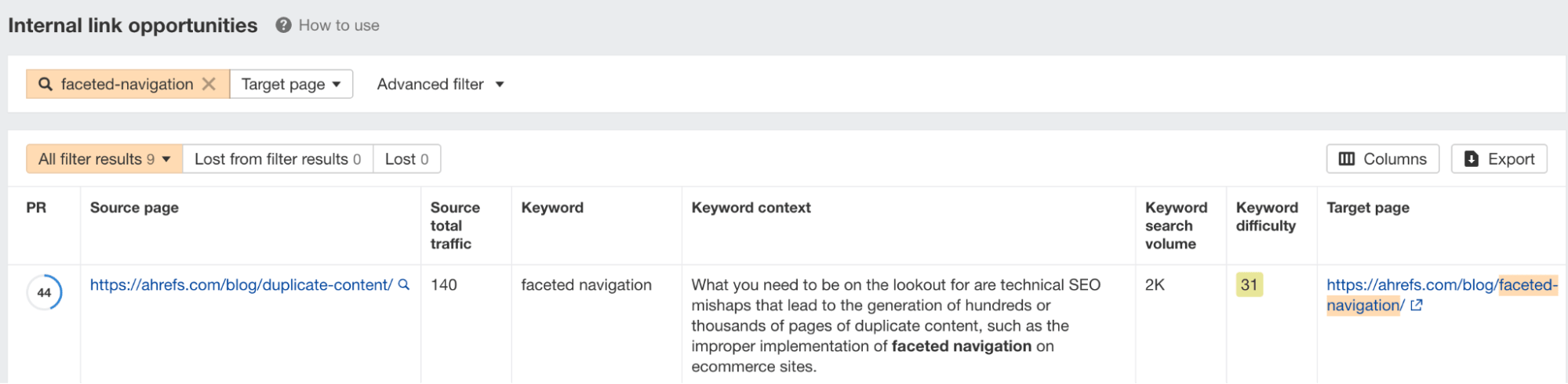 Example of a suggested internal link opportunity on Ahrefs' blog
