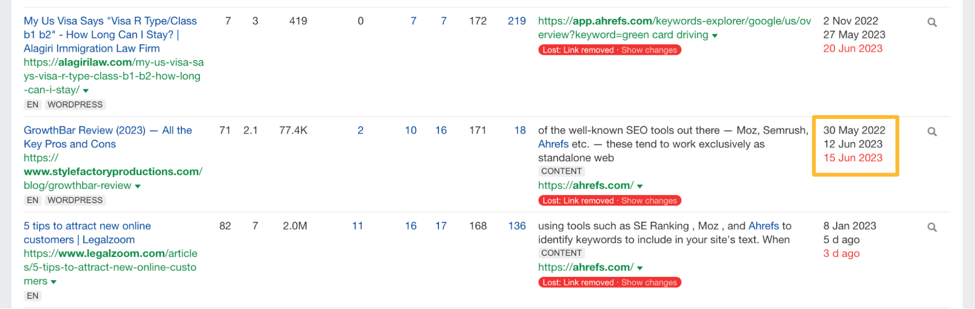 Lost backlink's date in Backlinks report, via Ahrefs' Site Explorer
