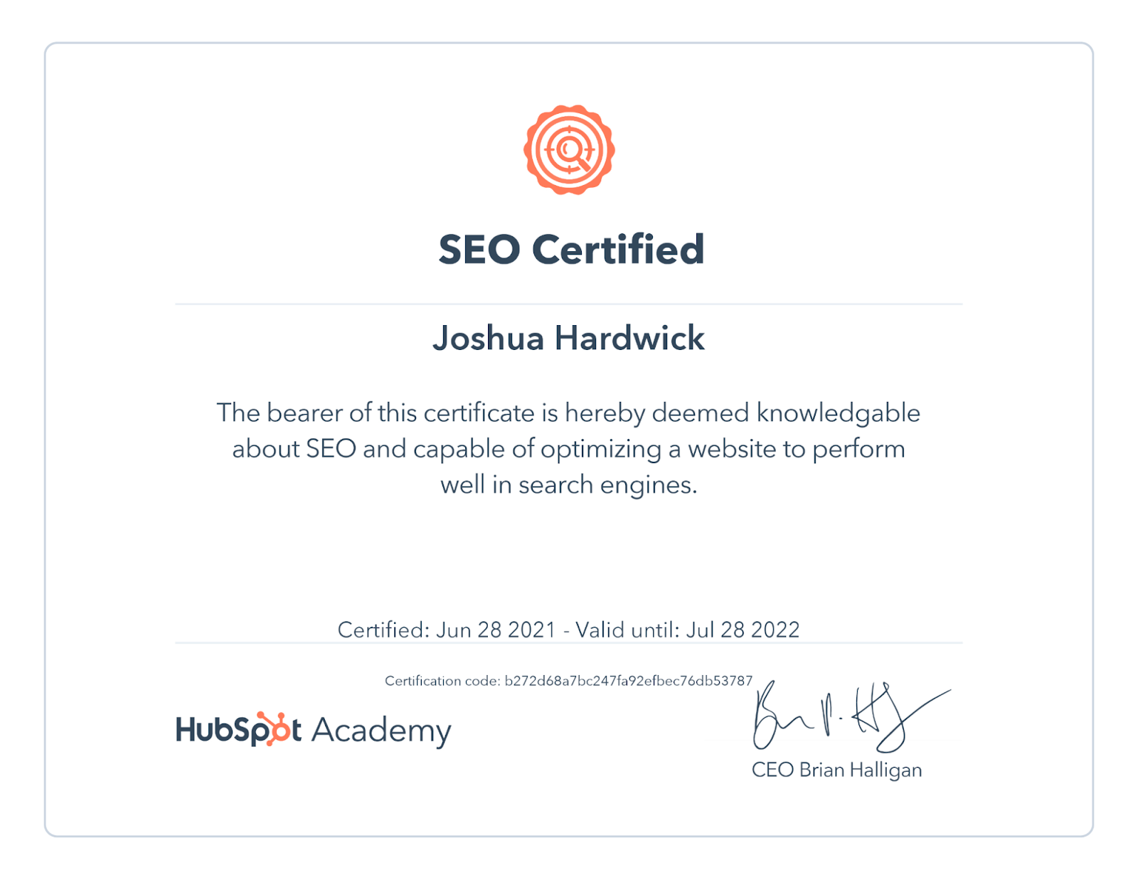 SEO certification from HubSpot