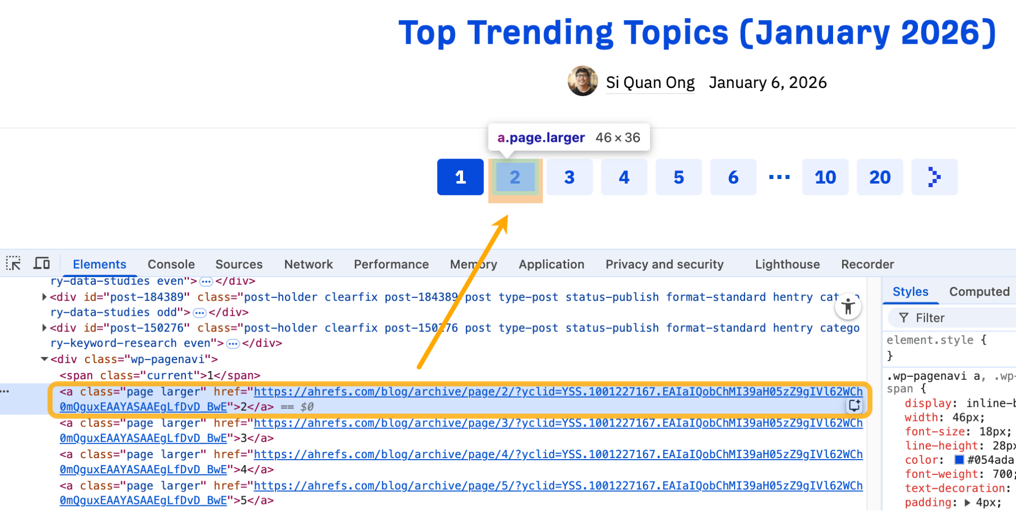 Pagination example with underlying HTML code