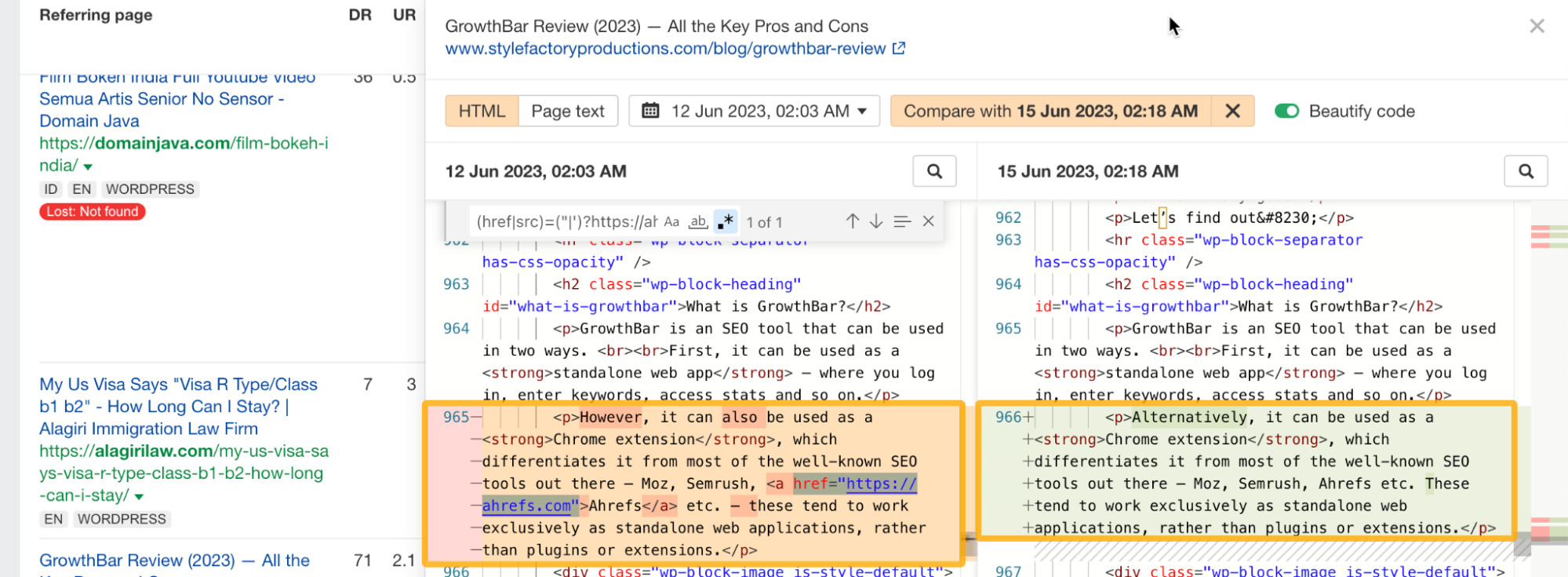 Inspect panel in Backlinks report, via Ahrefs' Site Explorer
