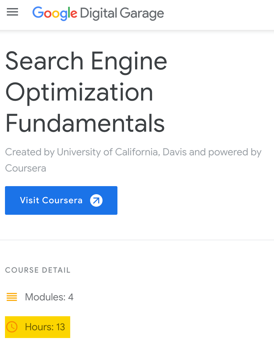 Number of hours of material in Google’s SEO Fundamentals certification