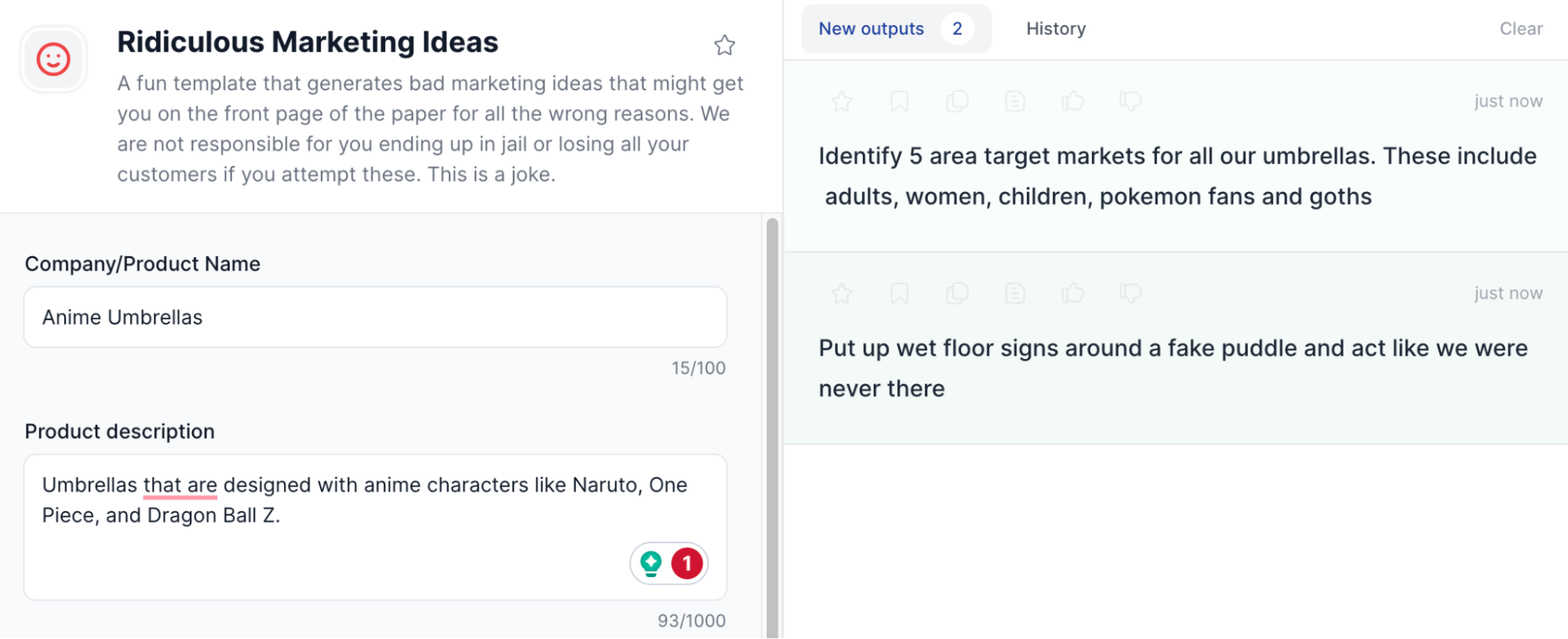 Jasper 的一个模板，名为 "Ridiculous Marketing Ideas“

