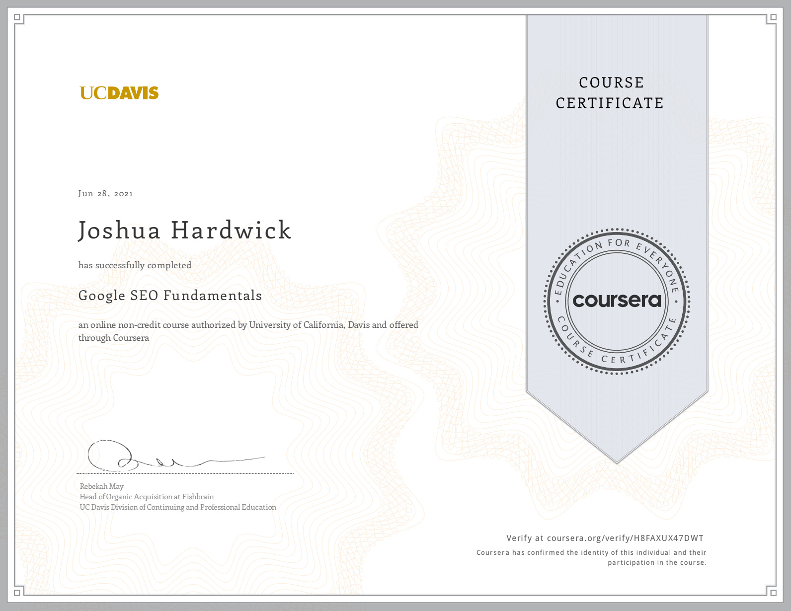 Google SEO Fundamentals certificate