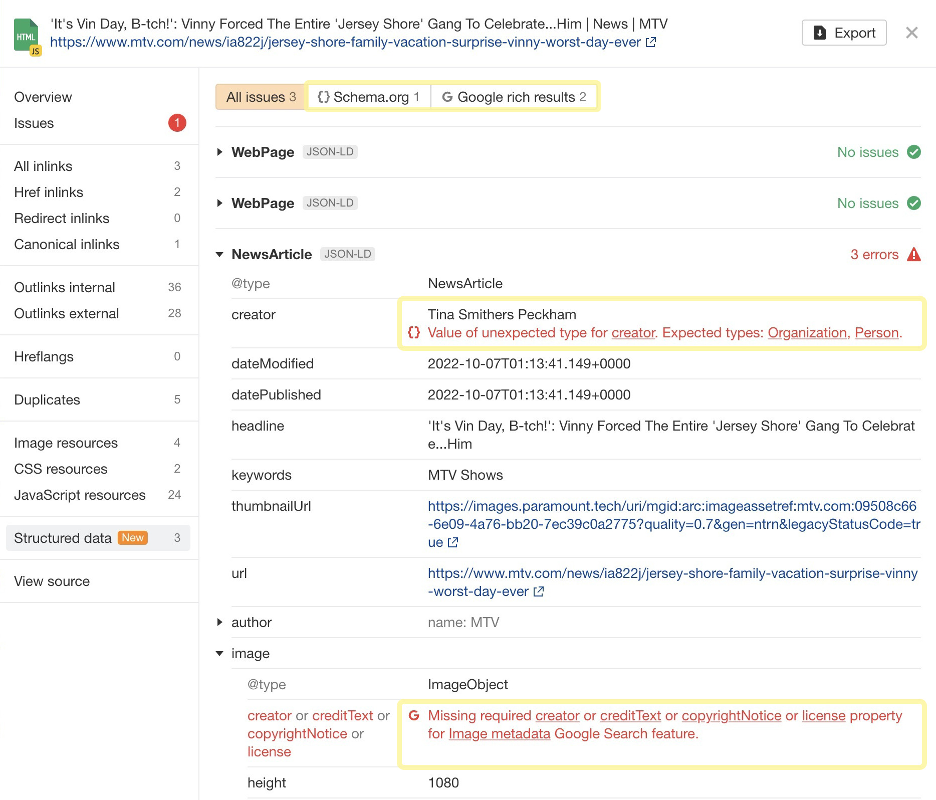 Structured data validation against Google requirements in Ahrefs' Site Audit