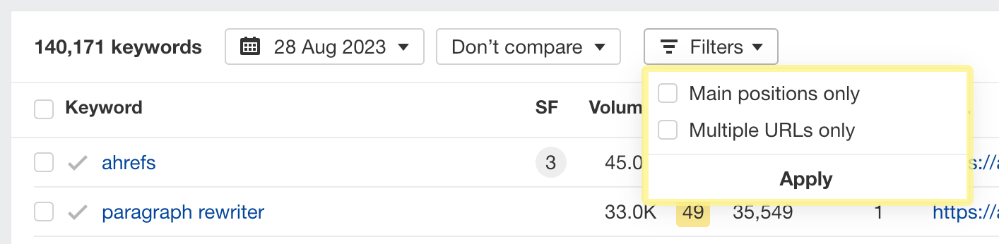Columns setting in Ahrefs' Organic keywords