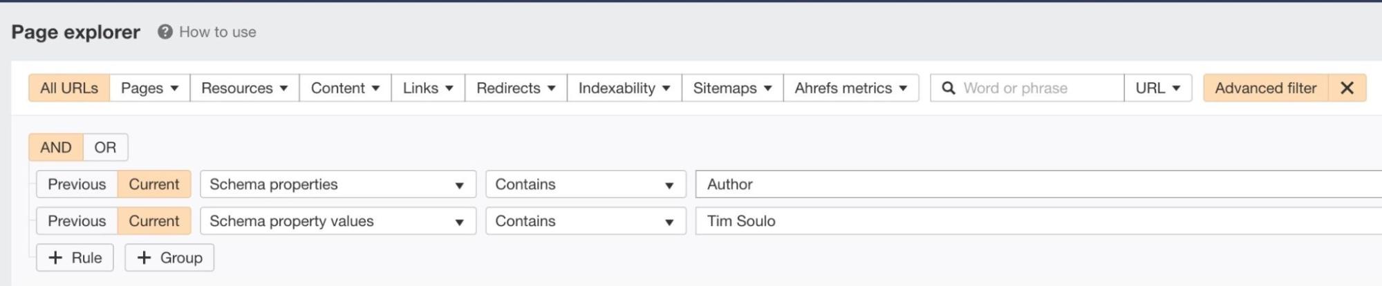 Sample query built in Page Explorer with new fields for structured data properties and their values