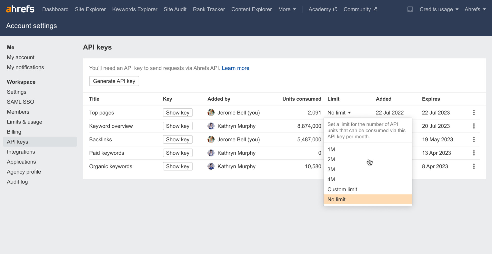 Limit API units usage per key on Enterprise plans