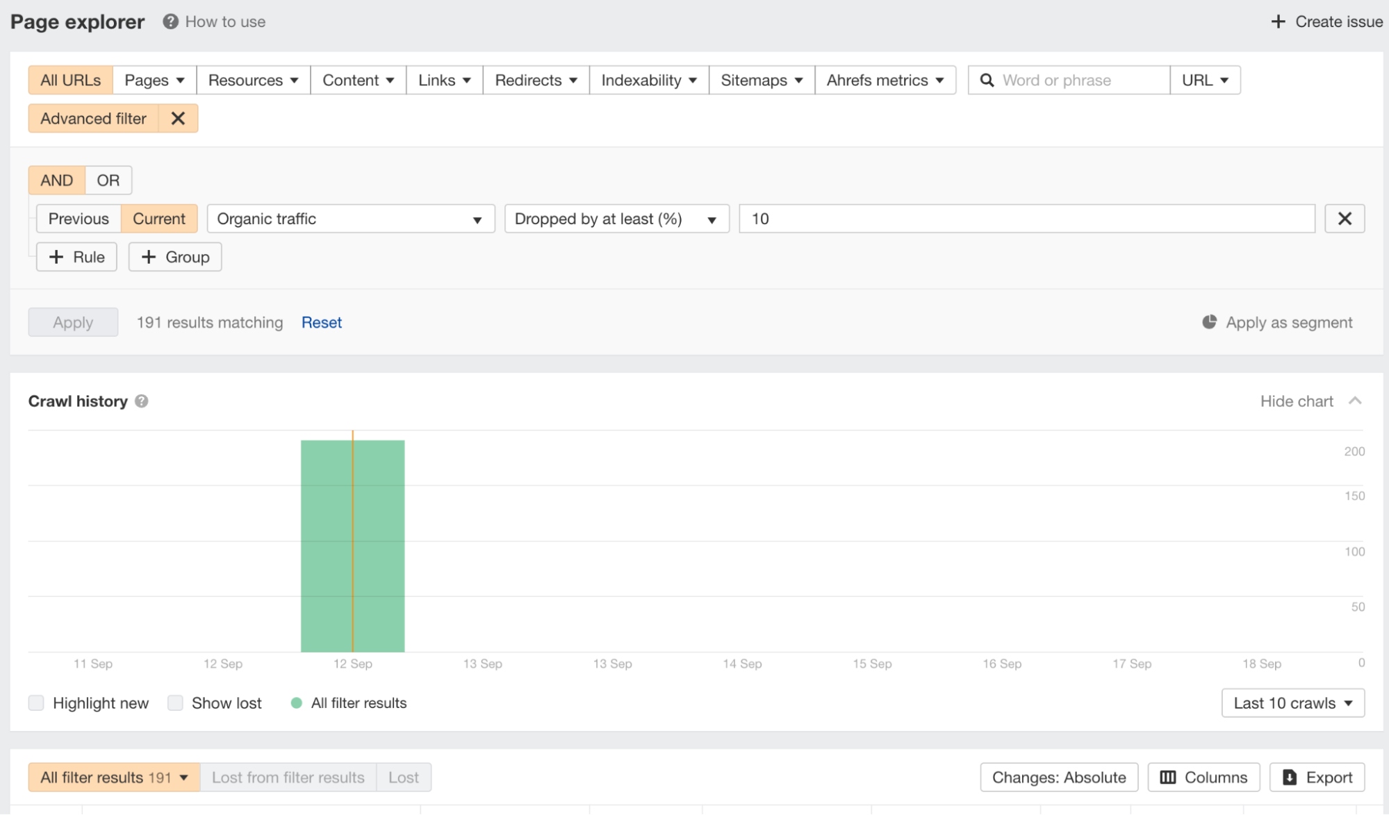 Advanced filter for pages that saw an organic traffic decrease of at least 10%