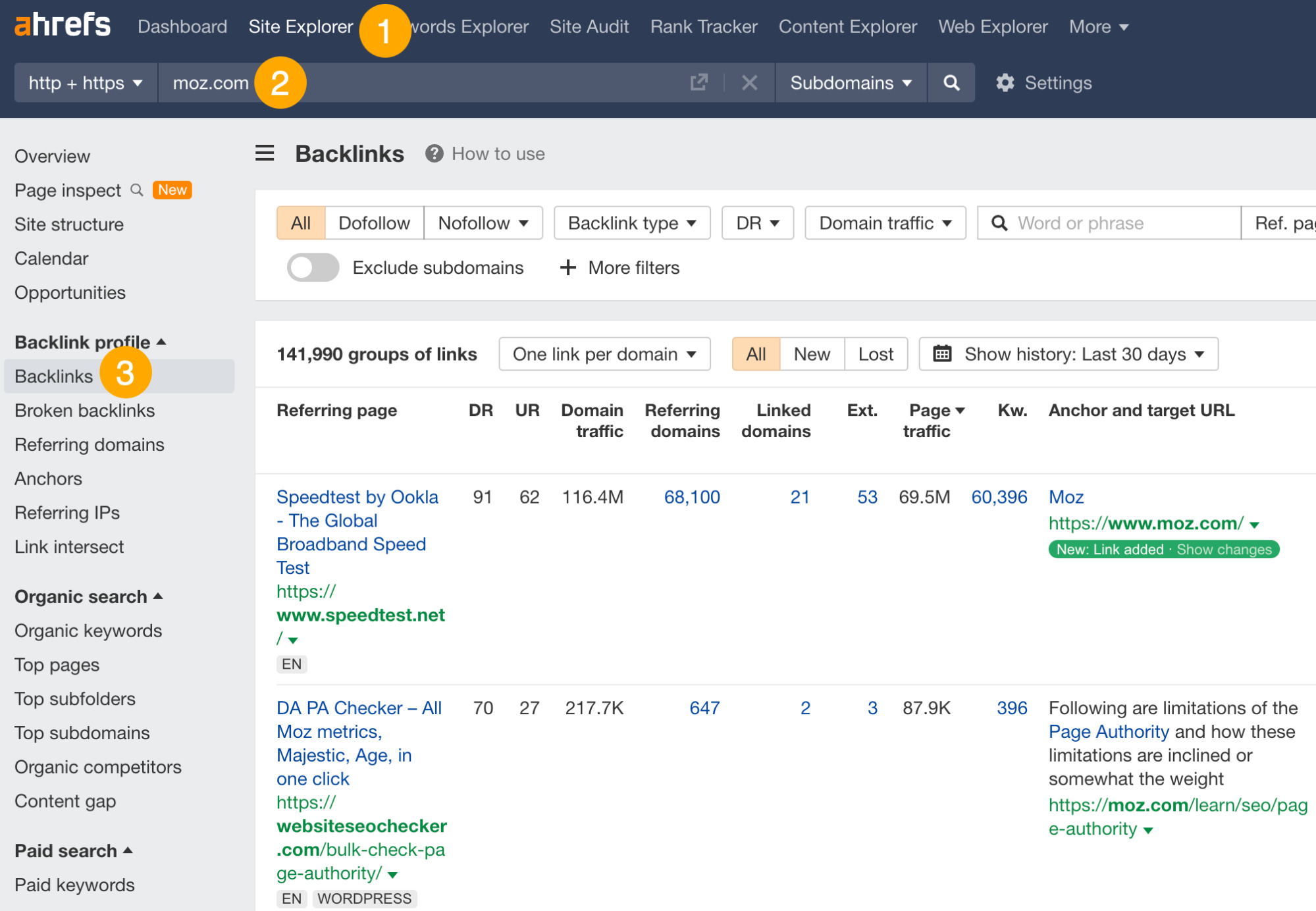 Backlinks report for Moz.com, via Ahrefs' Site Explorer