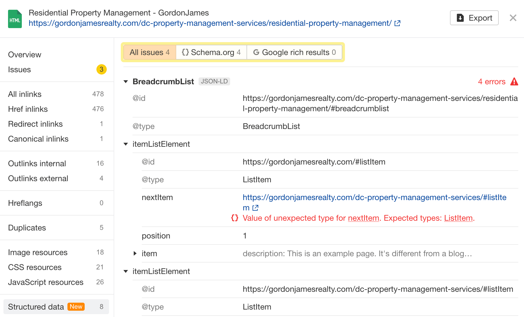 Site Audit: structured data validation against Google and schema.org guidelines