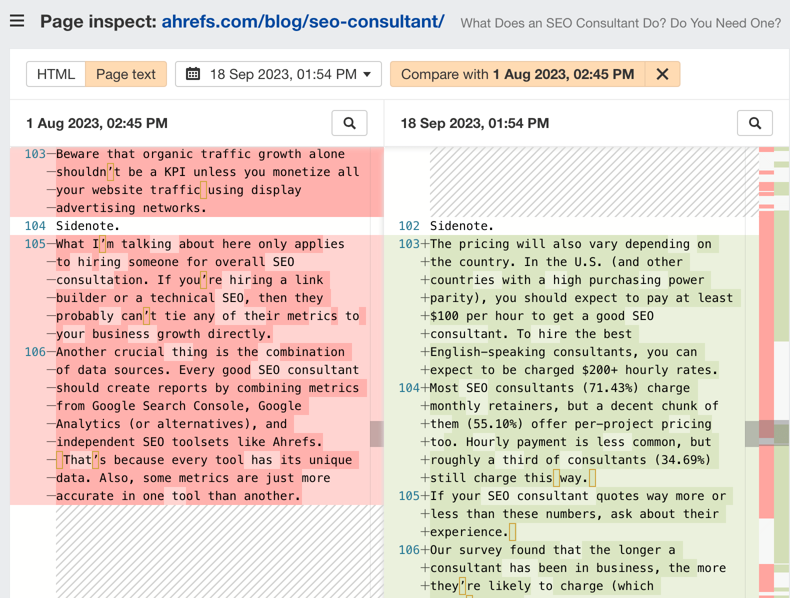 Comparing page text in Page Inspect