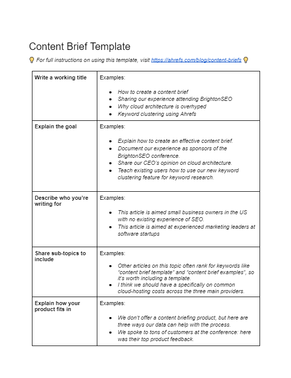 Screenshot of content brief template