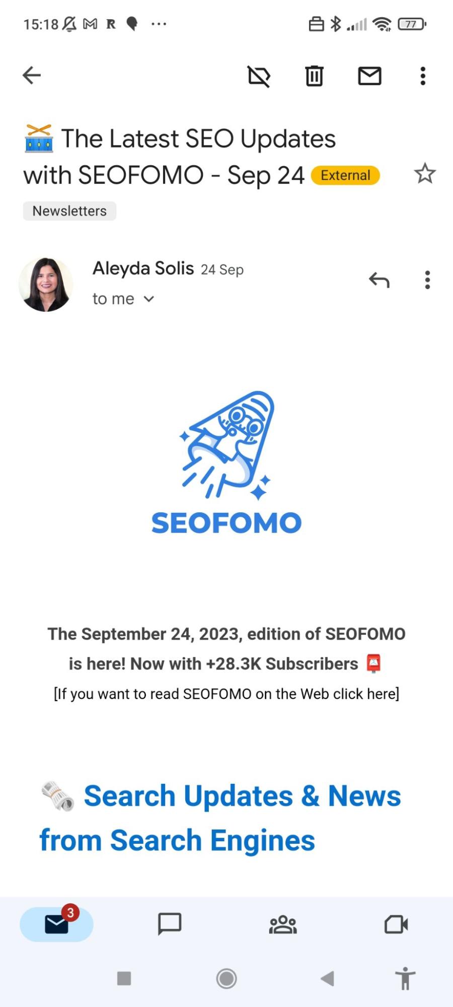 Inbox screenshot of the SEOFOMO newsletter
