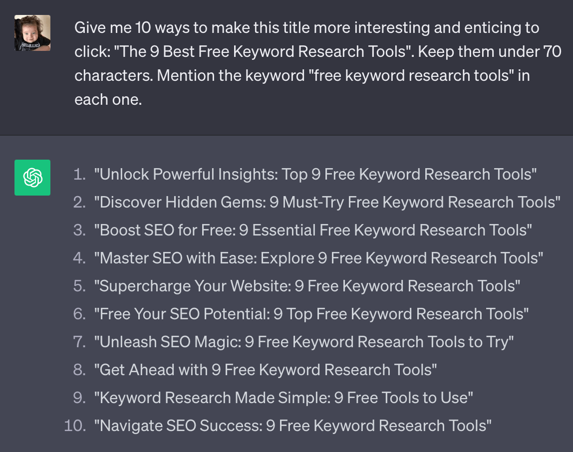 Asking ChatGPT to rewrite a page title to help improve organic traffic by enticing more click-throughs to the content.