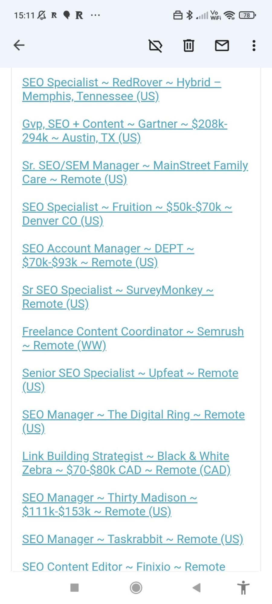 Inbox screenshot of the SEO Jobs newsletter
