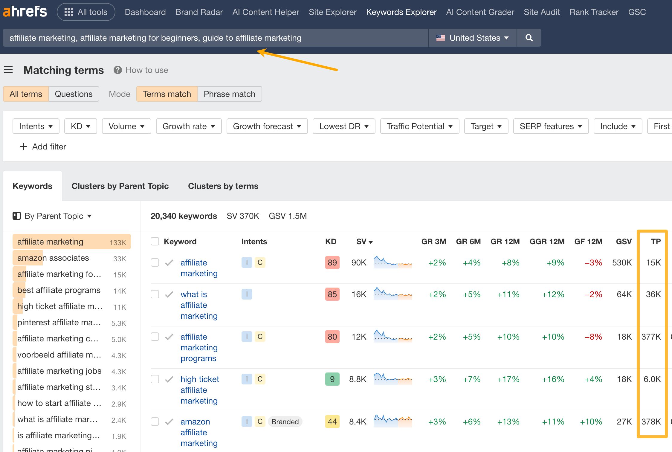 looking up traffic-potential in keywords explorer