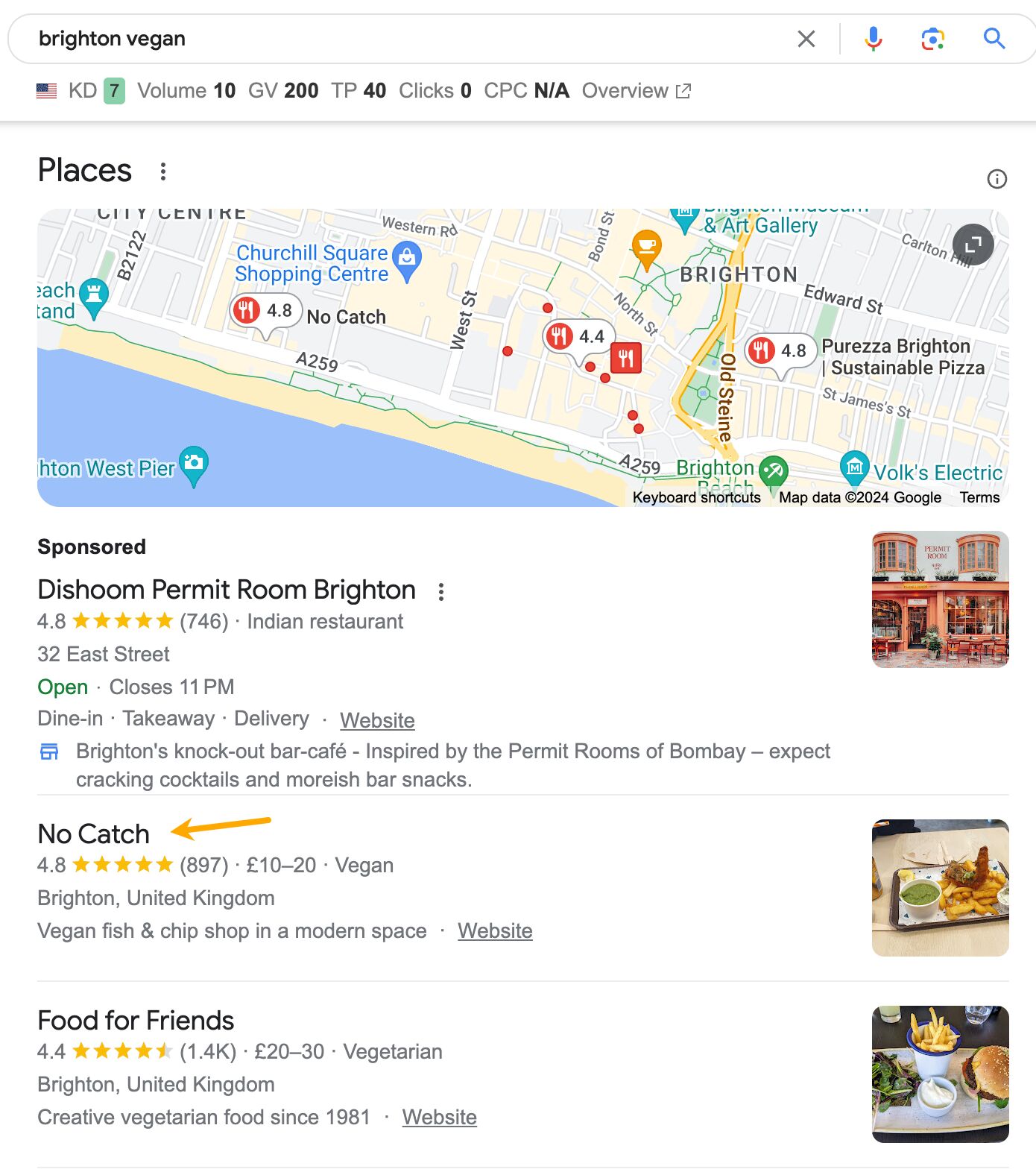 Map pack of local vegan restaurants