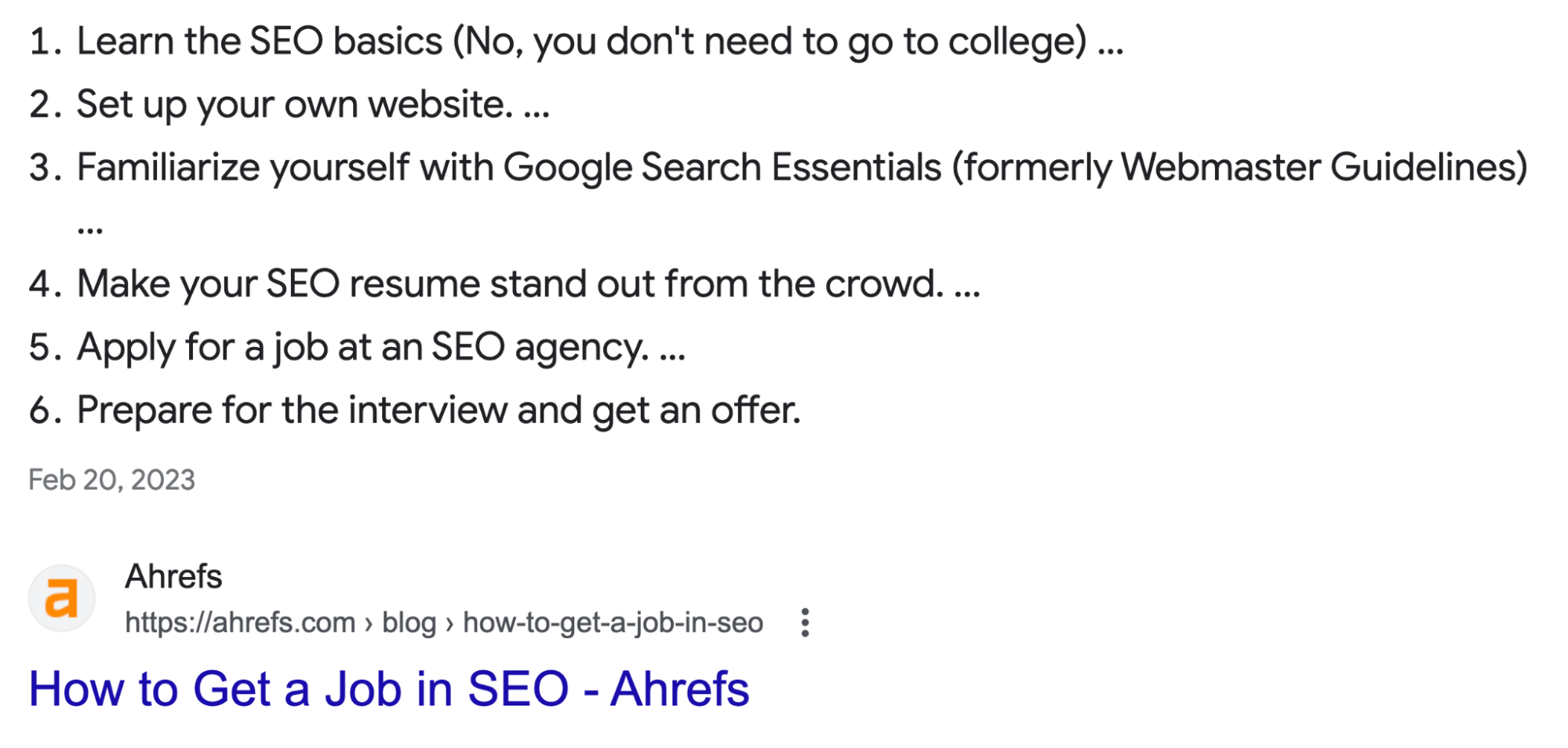 Numbered list featured snippet example