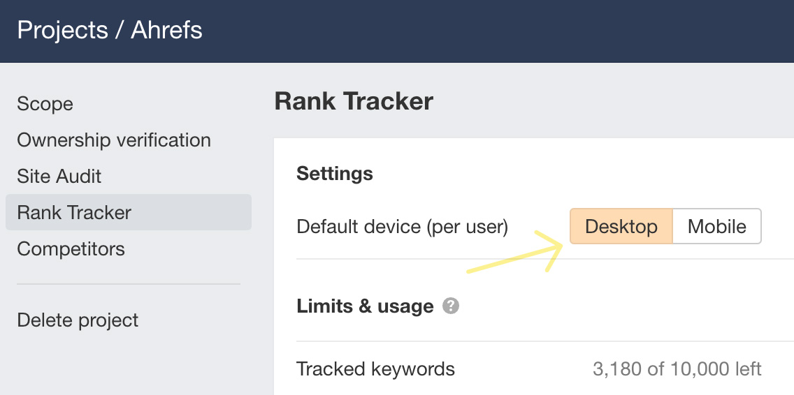 Default device for projects