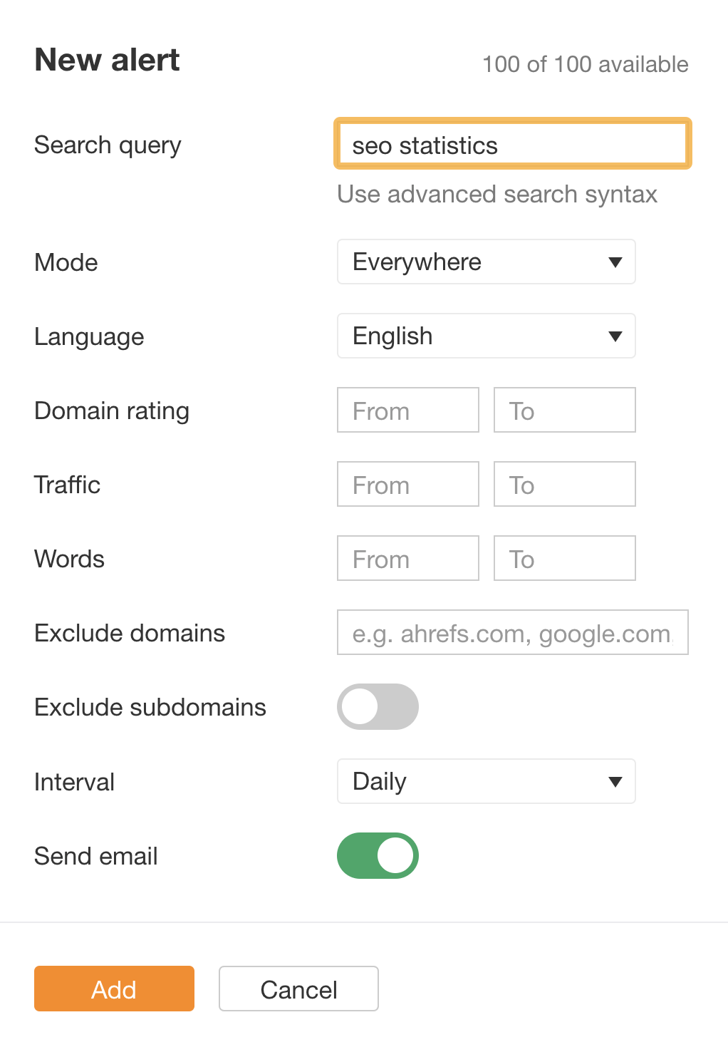 "SEO statistics" alert screenshot, via Ahrefs' alerts
