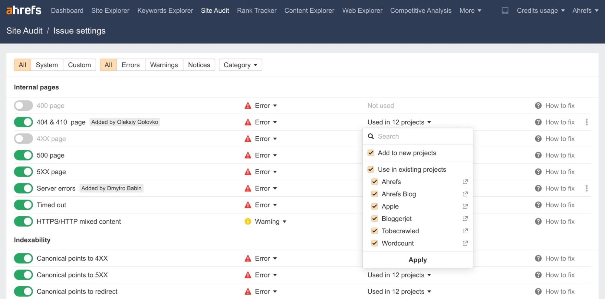 Access control features in Site Audit