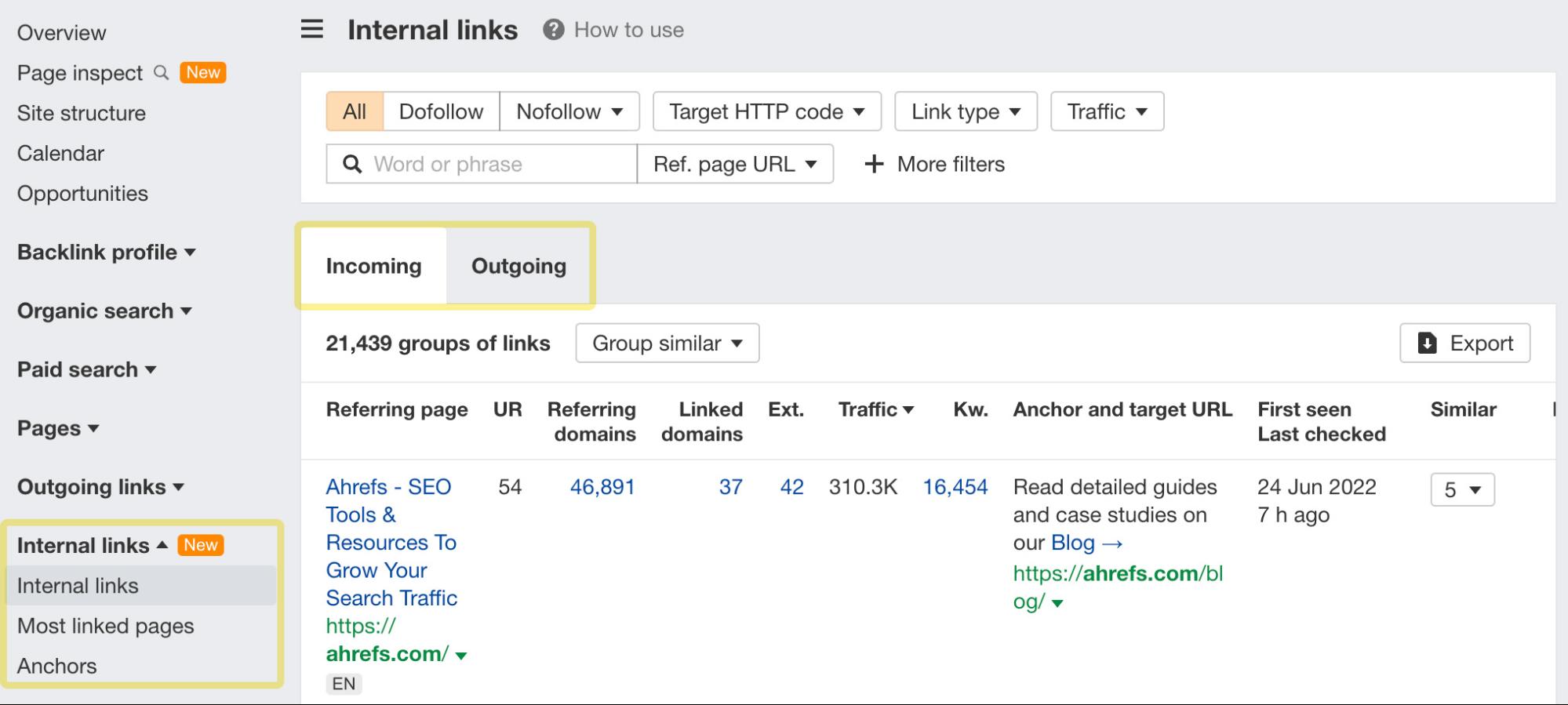 Internal links reports