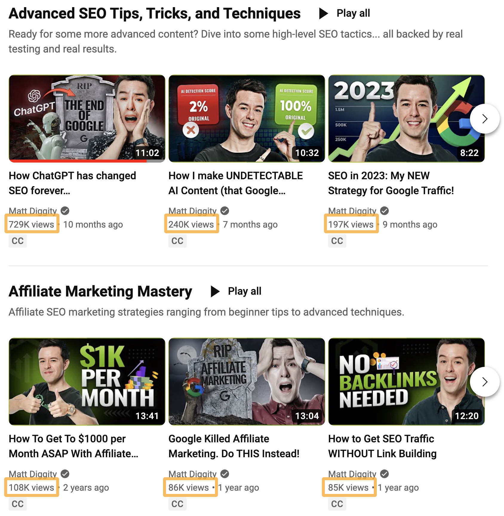 Matt Diggity's videos get lots of views on YouTube, again in part thanks to a strong personal brand.