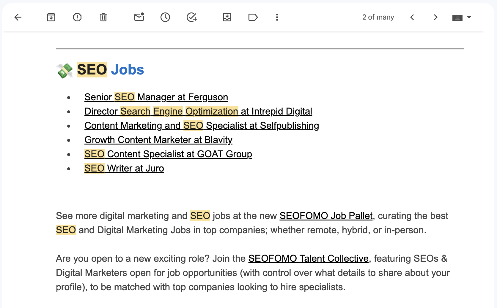 SEO jobs in SEOFOMO newsletter