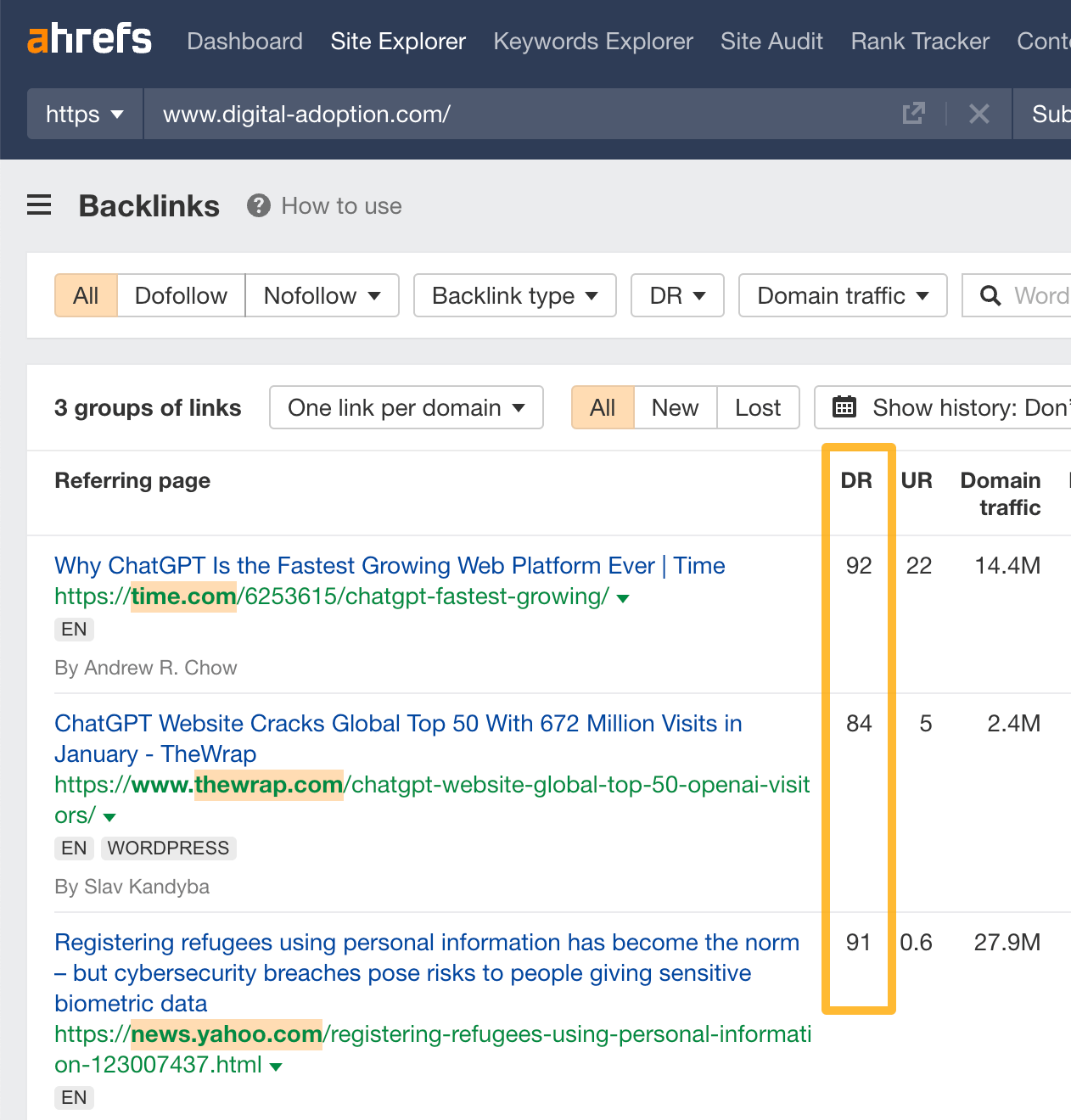 A few examples of backlinks earned by a piece of content about Open AI’s popularity since launching ChatGPT