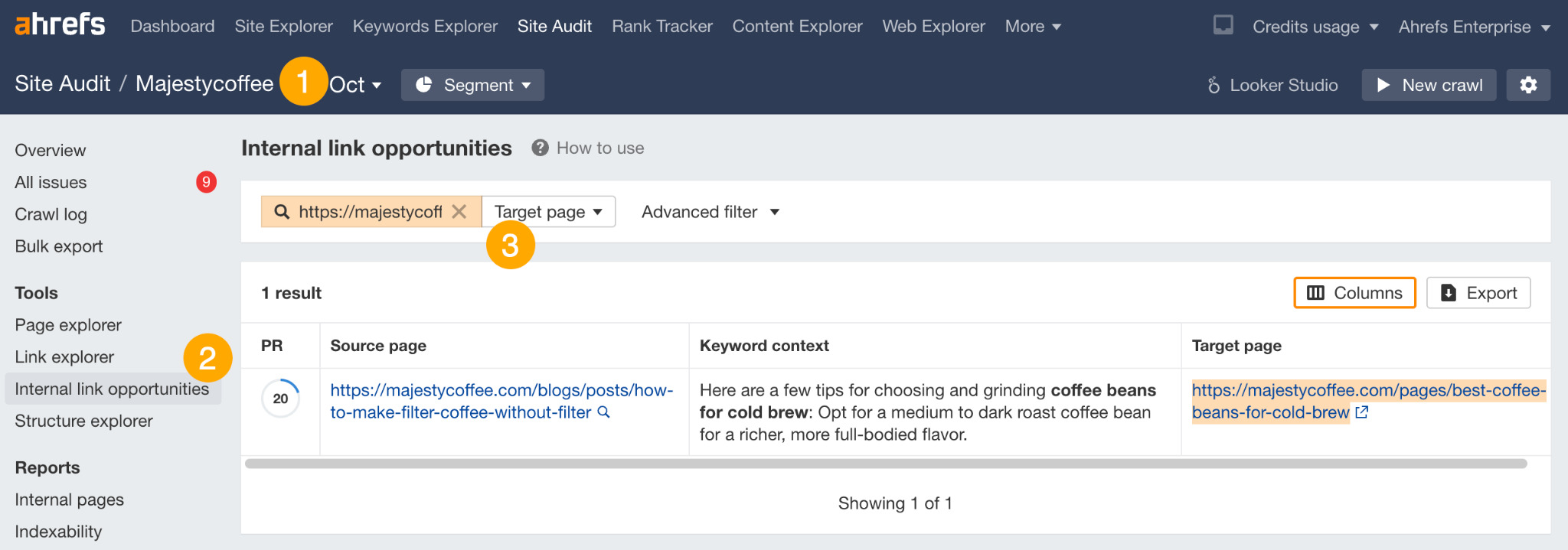 Finding internal link opportunities in Ahrefs' Keywords Explorer