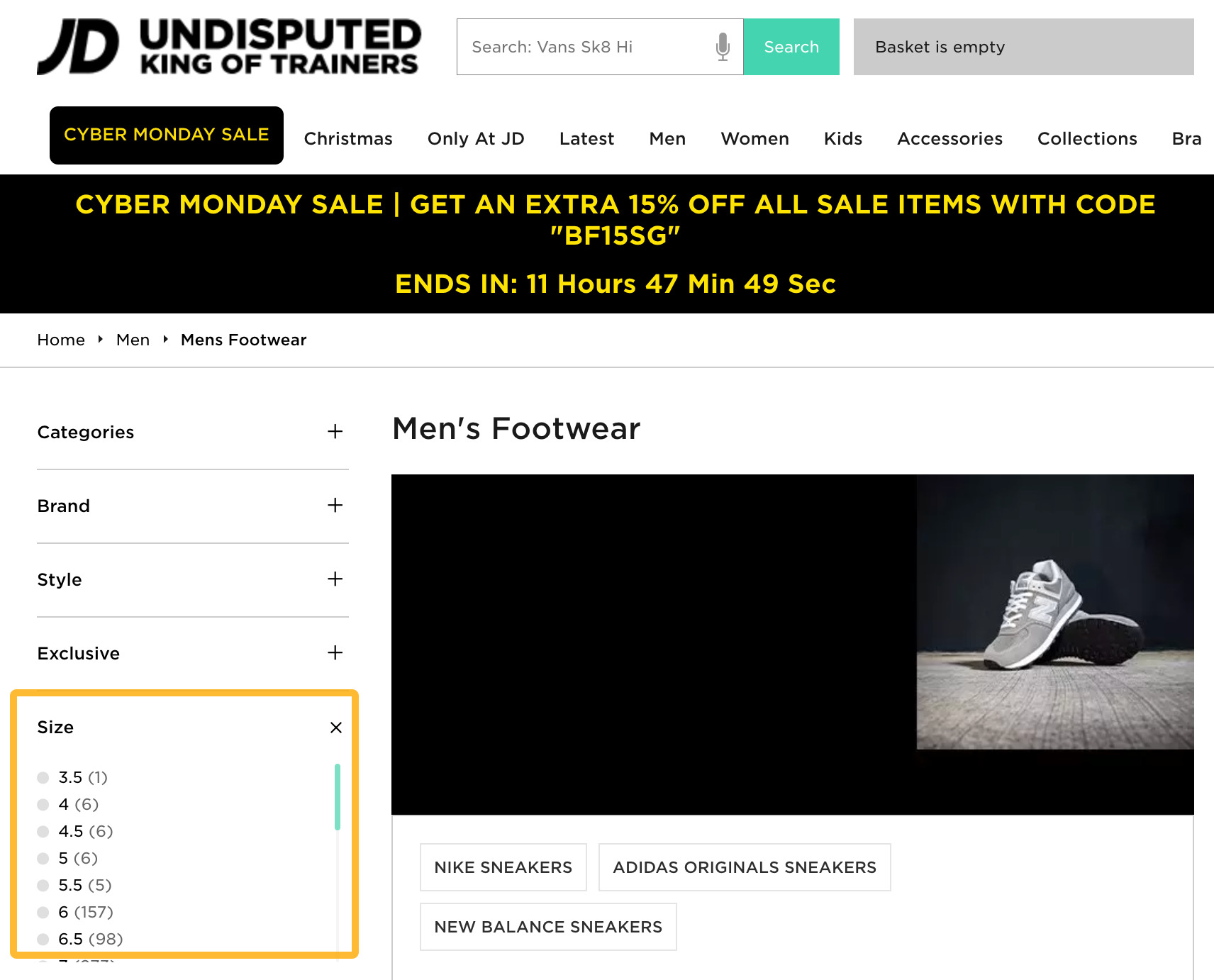 JDSports has a size filter for the men's footwear page