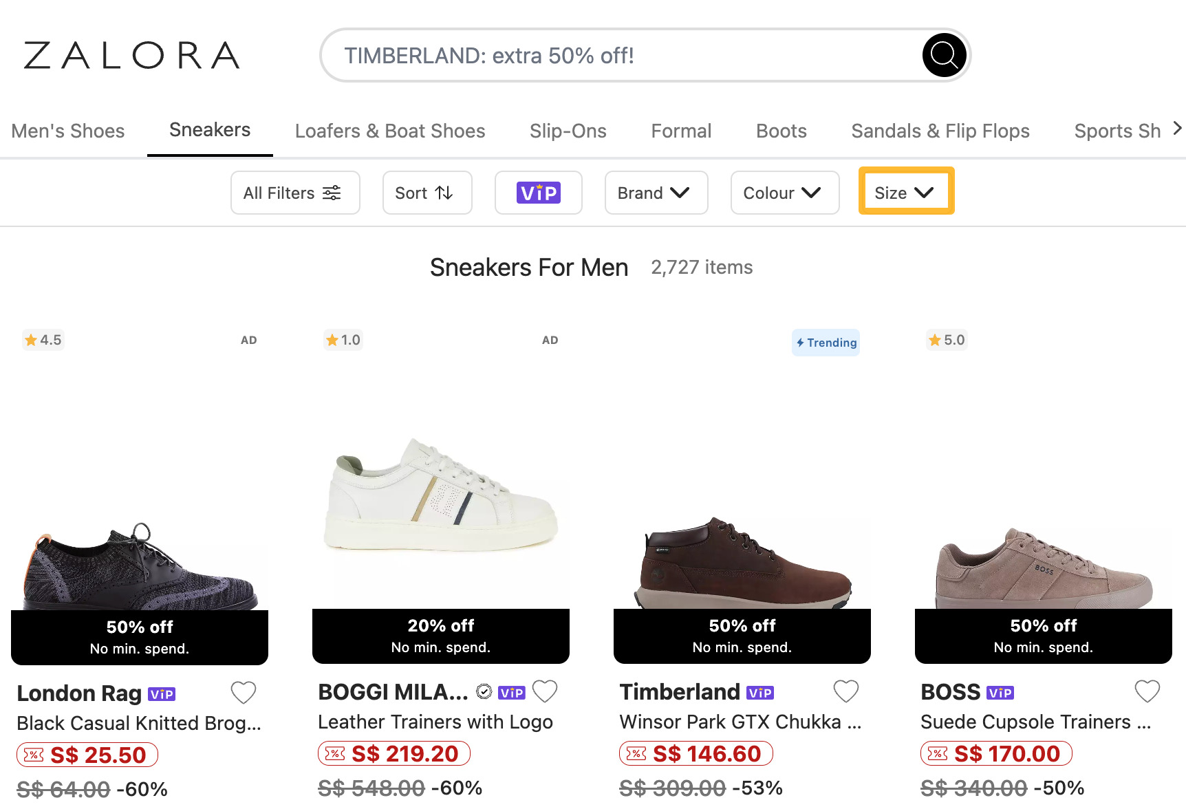Zalora has a size filter for the men's sneakers page