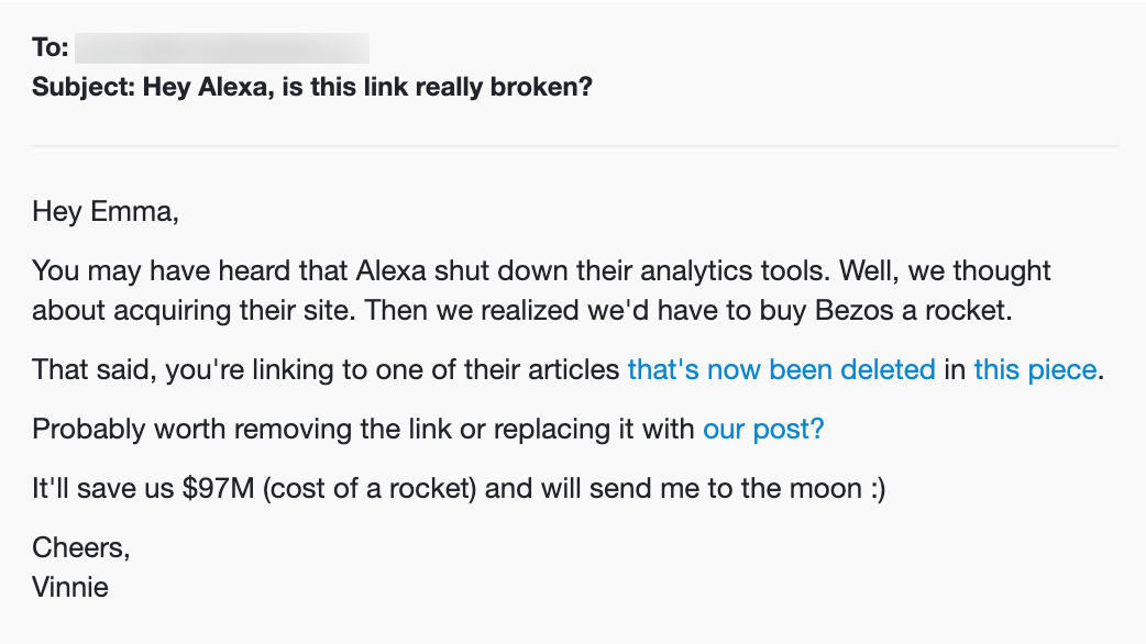 An example of an outreach email we sent as part of a broken link building campaign