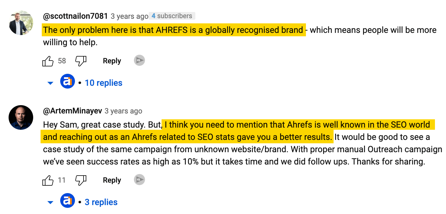 Comments on our YouTube video saying we succeeded because of our brand