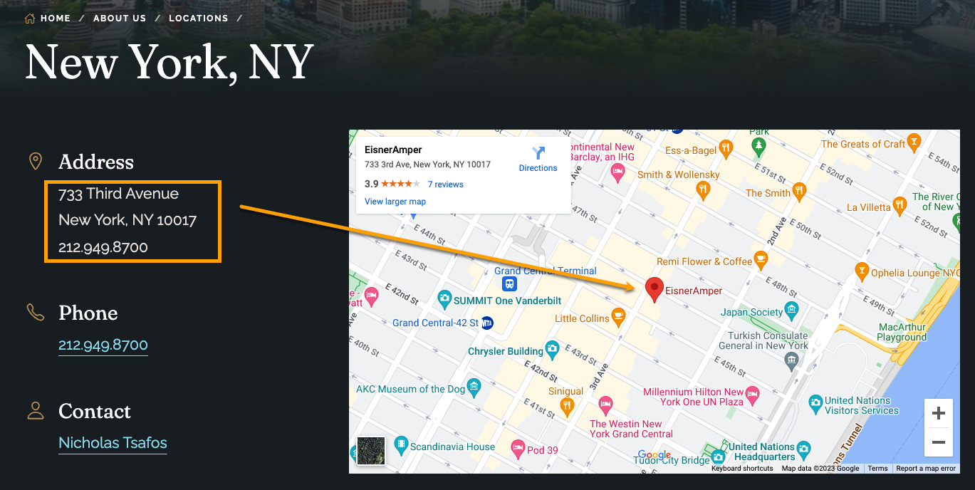 Example of a location page that includes a Google map with a pin for Eisner Amper's office.