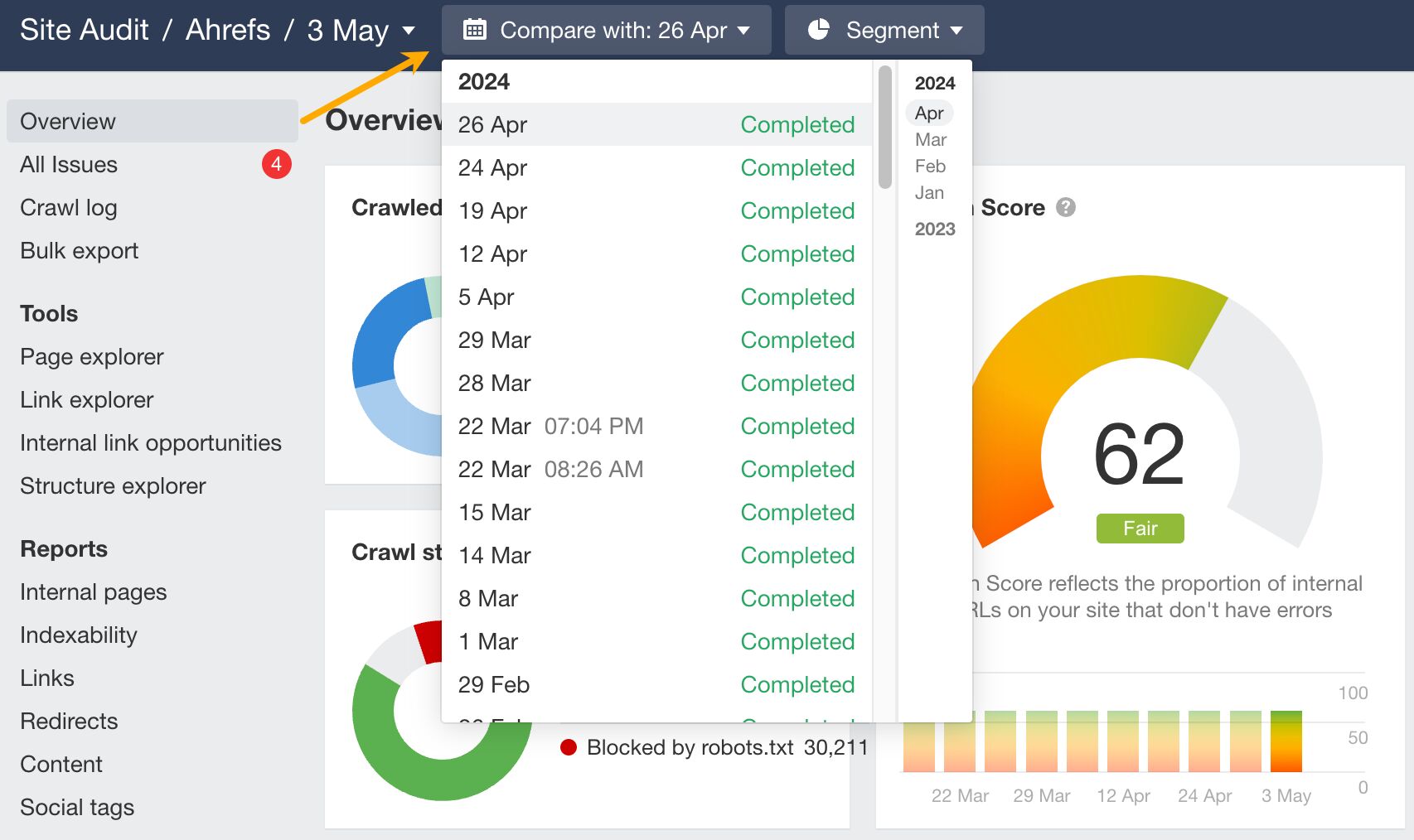 Compare between Site Audit crawls