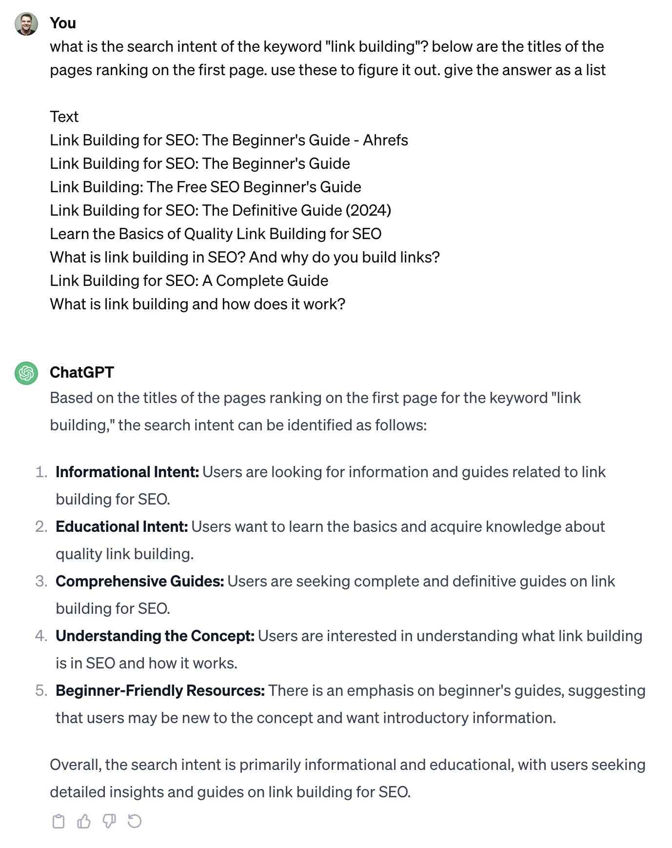 ChatGPT can classify search intent if we give it something to go on, like the title's of top-ranking pages