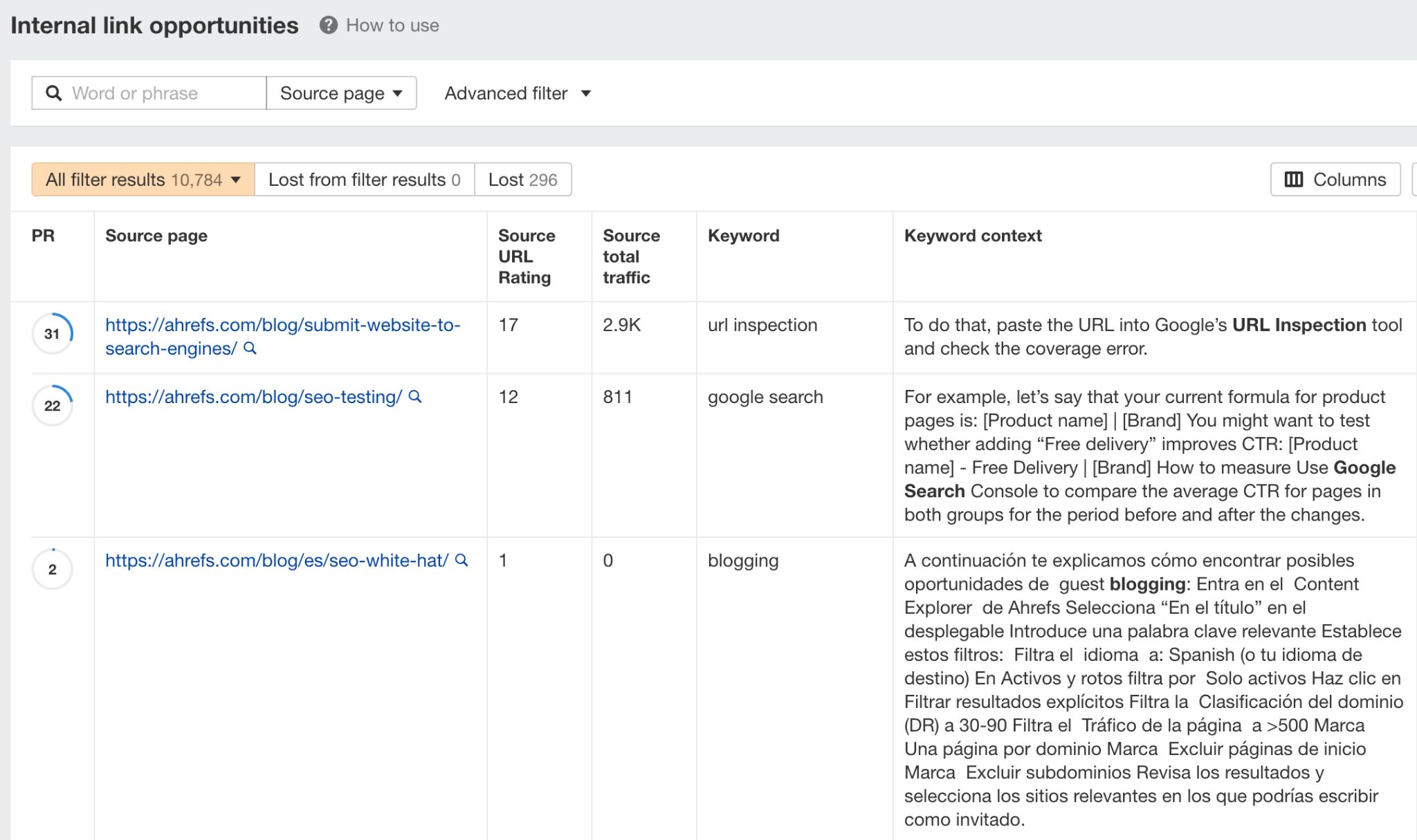 Internal link opportunities report in Ahrefs' Site Audit