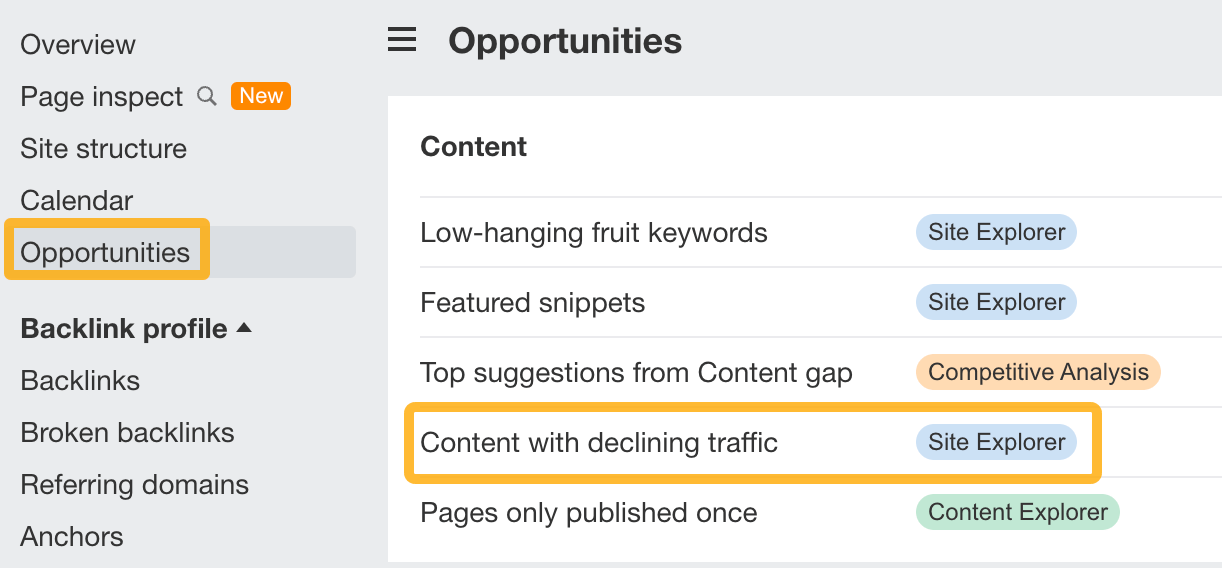 Opportunities report in Site Explorer