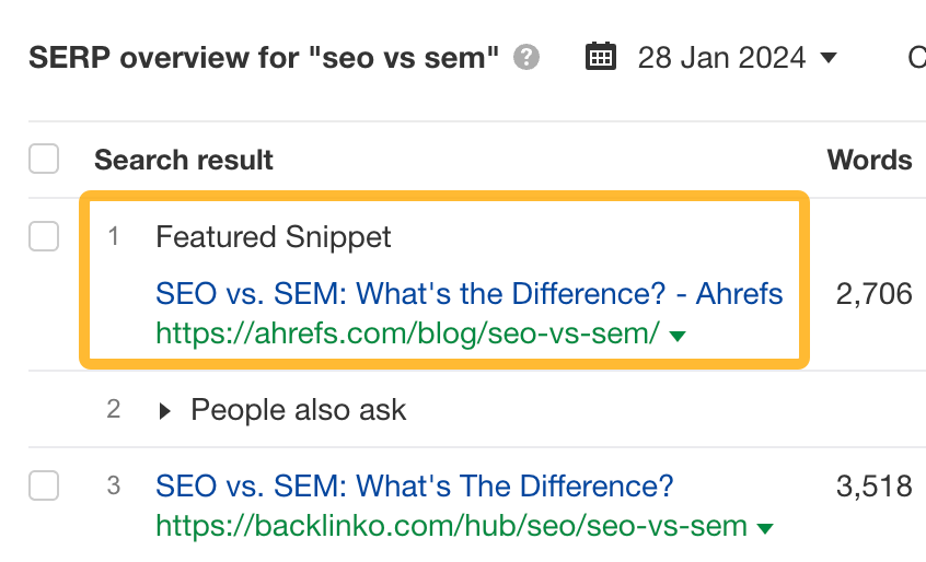 SERP Overview for "seo vs sem"