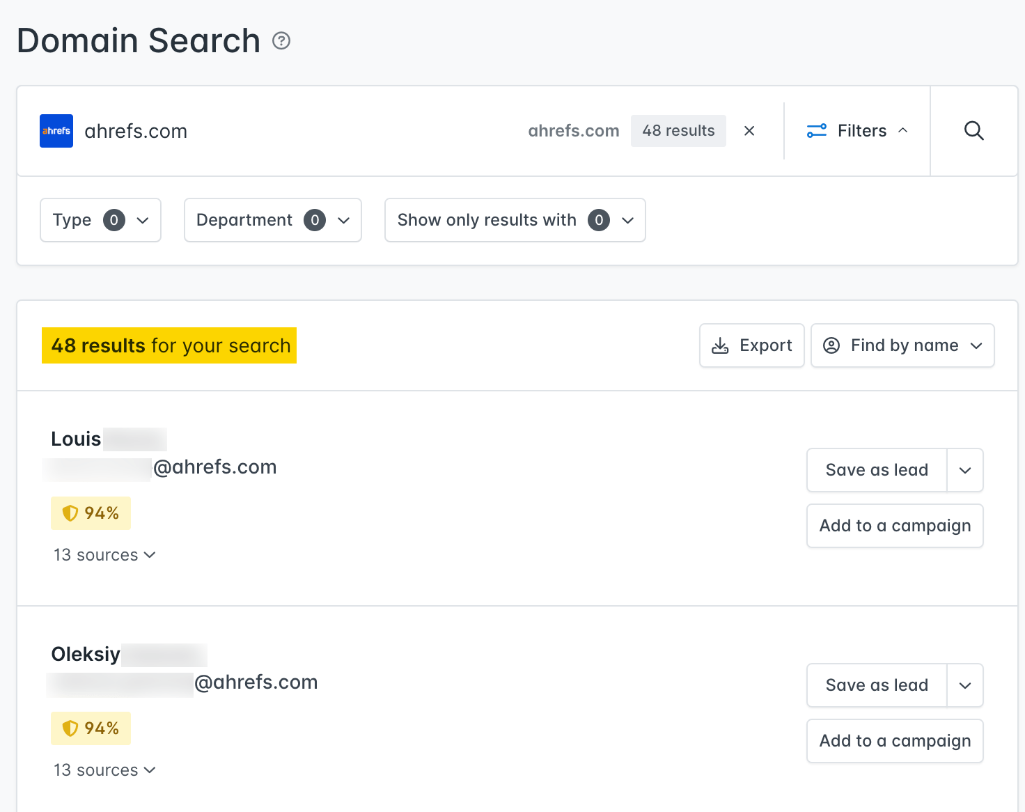 Hunter.io 为 ahrefs.com 找到的电子邮件地址列表