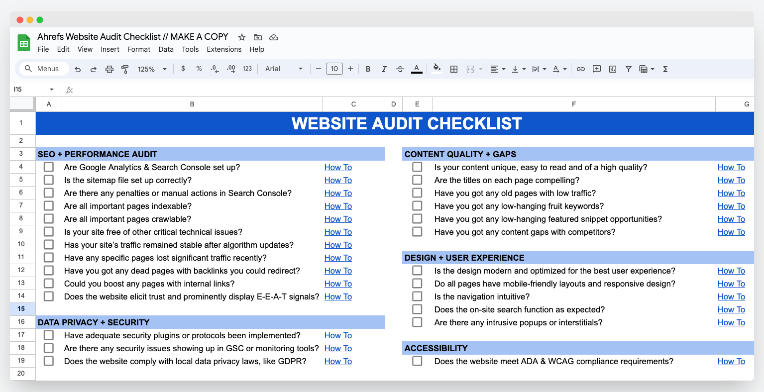 Website audit checklist in Google Sheets