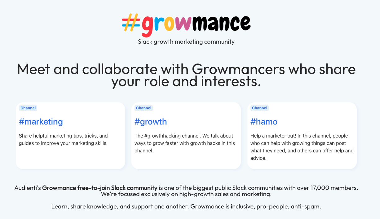A component of Growmance's landing page showcasing some of the community's most active Slack channels.